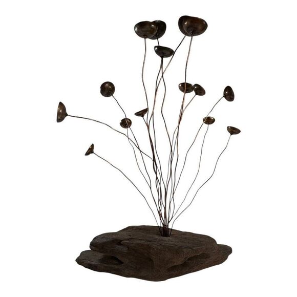Mid-Century Modern Brutalist Copper & Driftwood Kinetic Mushroom Sculpture Brown - Picture 6 of 12